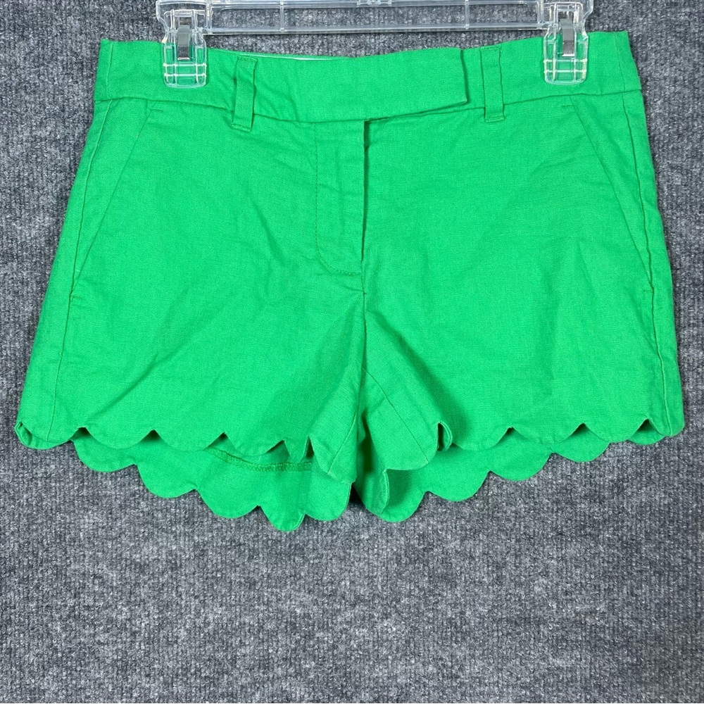 J Crew Women’s 2‎ Kelly Green Linen Blend Scalloped Hem Shorts